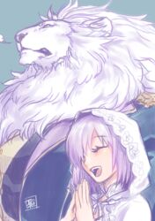 Rule 34 | 1boy, 1girl, animal ears, bara, boggart (fate), closed mouth, fate/grand order, fate (series), furry, furry male, lion boy, lion ears, lion mane, mash kyrielight, open mouth, own hands together, pink hair, profile, ryuuki garyuu, smile, upper body