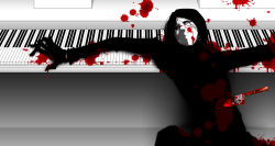Rule 34 | 1boy, black hair, blood, blood on clothes, bloody knife, bloody weapon, death, highres, instrument, knife, male focus, mask, piano, sekomumasada sensei, solo, tears, wallpaper, weapon, yume nikki