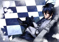 Rule 34 | 00s, 1boy, black hair, boots, highres, long hair, male focus, monochrome factor, red eyes, sitting, solo