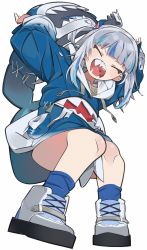 Rule 34 | 1girl, animal hood, arms up, blue hair, blue hoodie, blue socks, blush, closed eyes, cross-laced footwear, fangs, fins, fish tail, full body, gawr gura, gawr gura (1st costume), highres, hololive, hololive english, hood, hoodie, looking at viewer, medium hair, multicolored hair, open mouth, shark hood, sharp teeth, shoes, short twintails, silver hair, simple background, smile, socks, solo, streaked hair, tail, teeth, twintails, two-tone hair, virtual youtuber, white background, white footwear, yaya hiyayaka