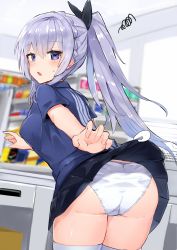 Rule 34 | 1girl, ass, azur lane, bad id, bad pixiv id, black skirt, blue eyes, blurry, blurry background, braid, clothes lift, commentary request, cowboy shot, crown braid, depth of field, employee uniform, grabber tool, highres, indoors, lawson, light purple hair, long hair, looking at viewer, nonon (xenonbot), panties, pleated skirt, rodney (azur lane), rodney (one day as a trainee clerk) (azur lane), skirt, skirt lift, solo, squiggle, thighhighs, underwear, uniform, very long hair, white panties, white thighhighs