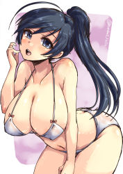 Rule 34 | 10s, 1girl, ahoge, ass, bikini, black eyes, black hair, bow, bow bikini, breasts, butt crack, cleavage, cowboy shot, girls und panzer, hand on own thigh, huge breasts, isuzu hana, leaning forward, long hair, looking at viewer, open mouth, outside border, see-through, shinshin, smile, solo, standing, swimsuit, twitter username, wet, wet clothes, wet swimsuit, white bikini