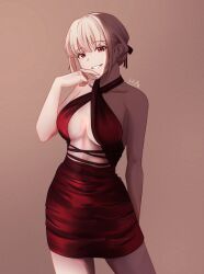 Rule 34 | 1girl, absurdres, alternate costume, alternate hairstyle, bare arms, blonde hair, breasts, chxoswolf, commentary, criss-cross halter, dress, english commentary, finger to mouth, hair bun, halterneck, highres, looking at viewer, lycoris recoil, medium breasts, nishikigi chisato, parted lips, red dress, red eyes, red ribbon, ribbon, short dress, short hair, sidelocks, signature, simple background, smile, solo