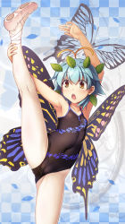 Rule 34 | 1girl, :o, adapted costume, antennae, armpits, arms up, ballet slippers, bare arms, black one-piece swimsuit, blue hair, brown eyes, butterfly wings, checkered background, chima q, collarbone, covered navel, eternity larva, flat chest, gluteal fold, hair ornament, hand on own leg, highres, insect wings, kneepits, leaf hair ornament, leg up, leotard, one-piece swimsuit, pantyhose, short hair, solo, split, standing, standing on one leg, standing split, swimsuit, touhou, wings