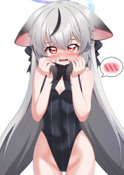 Rule 34 | 1girl, :o, animal ear fluff, animal ears, black leotard, blue archive, bow, breasts, cleavage, cleavage cutout, clothing cutout, commentary request, gradient hair, grey hair, hair between eyes, hair bow, hair ribbon, highleg, highleg leotard, highres, kido airaku, kokona (blue archive), leotard, long hair, looking at viewer, low twintails, multicolored hair, red eyes, ribbon, sidelocks, simple background, sleeveless, small breasts, solo, spoken blush, streaked hair, tiger ears, tiger girl, twintails, two-tone hair