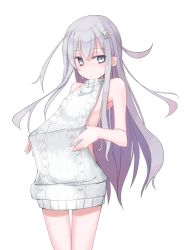 Rule 34 | 10s, 1girl, aran sweater, backless outfit, blush, cable knit, clothes pull, cowboy shot, dress, grey eyes, grey hair, grey sweater, halterneck, hibiki (kancolle), kantai collection, long hair, looking at viewer, meme attire, mochiki, parted lips, ribbed sweater, simple background, solo, sweater, sweater dress, sweater pull, turtleneck, turtleneck sweater, verniy (kancolle), very long hair, virgin killer sweater, white background