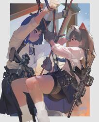 Rule 34 | 2girls, absurdres, animal ears, assault rifle, bike shorts, black gloves, black hair, black skirt, blue ribbon, carabiner, cat ears, closed mouth, extra ears, gloves, grey hair, gun, highres, inset border, looking at another, m4 carbine, multiple girls, original, parted lips, pleated skirt, polilla, rappelling, ribbon, rifle, scope, shirt, skirt, socks, weapon, white gloves, white shirt, white socks