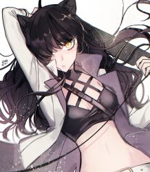 Rule 34 | 1girl, arm up, belt, black hair, blake belladonna, breasts, cleavage, crop top, dutch angle, ecru, floating hair, hair over one eye, holding, holding sword, holding weapon, jacket, long hair, looking at viewer, medium breasts, midriff, navel, open clothes, open jacket, parted lips, rwby, signature, simple background, solo, stomach, sword, upper body, weapon, white background, white jacket, yellow eyes