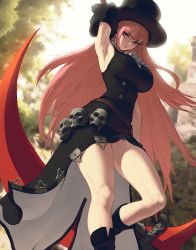 Rule 34 | 1girl, arm up, armpits, black dress, black hat, breasts, cosplay, dress, feet out of frame, from below, guilty gear, hat, highres, hololive, hololive english, infi, large breasts, long hair, looking at viewer, mori calliope, parted lips, pink eyes, pink hair, scythe, skull, sleeveless, sleeveless dress, solo, standing, standing on one leg, testament (guilty gear), testament (guilty gear) (cosplay), thighs, top hat, very long hair, virtual youtuber