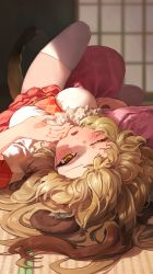 Rule 34 | 1girl, animal ears, between legs, big hair, blonde hair, blush, breasts, extra ears, fangs, fur collar, half-closed eye, hand up, highres, indoors, kemono friends, large breasts, lion (kemono friends), lion ears, lion girl, lion tail, looking at viewer, lying, melaton, necktie, on back, on ground, one eye closed, parted lips, pillow, plaid, plaid necktie, plaid skirt, plaid sleeves, plaid trim, red necktie, red skirt, shirt, short sleeves, skirt, sleepy, solo, tail, tatami, tearing up, thighhighs, twisted torso, white shirt, white thighhighs, yellow eyes