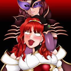 Rule 34 | 2girls, absurdres, armor, artist request, asphyxiation, bare shoulders, blush, breasts, brown hair, celica (fire emblem), choke hold, fire emblem, fire emblem echoes, gloves, highres, long hair, mask, multiple girls, nintendo, open mouth, orange eyes, red hair, rolling eyes, ryona, shiny clothes, shiny skin, smile, strangling, tears, tongue, tongue out