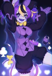 Rule 34 | !?, 1girl, :d, animal ears, blue eyes, bow, breasts, clown, deltarune, hakos baelz, hands up, hat, highres, hololive, hololive english, jester cap, jevil, large breasts, long sleeves, looking at viewer, medium breasts, mouse (animal), mouse ears, multicolored hair, open mouth, puffy long sleeves, puffy shorts, puffy sleeves, purple hair, purple theme, purple vest, sharp teeth, shorts, smile, solo, standing, streaked hair, stuffed animal, stuffed mouse, stuffed toy, tail, tail bow, tail ornament, teeth, twintails, vest, virtual youtuber, yellow bow, yoako