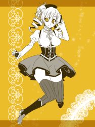 Rule 34 | 10s, 1girl, beret, boots, breasts, corset, detached sleeves, drill hair, fingerless gloves, gloves, hat, highres, impossible clothes, impossible shirt, magical girl, mahou shoujo madoka magica, mahou shoujo madoka magica (anime), miniskirt, muted color, pleated skirt, puffy sleeves, samsara (ring), shirt, skirt, solo, striped clothes, striped thighhighs, thighhighs, tomoe mami, twin drills, twintails, vertical-striped clothes, vertical-striped thighhighs, yellow background, yellow eyes, zettai ryouiki
