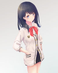 Rule 34 | 10s, 1girl, absurdres, black hair, blue eyes, blush, bow, bowtie, cardigan, cowboy shot, from above, frown, gradient background, gridman universe, hands in pockets, highres, keis (locrian1357), looking at viewer, looking to the side, miniskirt, school uniform, skirt, solo, ssss.gridman, takarada rikka