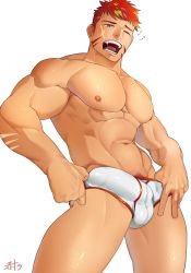 Rule 34 | 1boy, abs, bad id, bad twitter id, bara, briefs, bulge, character request, check copyright, copyright request, erection, erection under clothes, facial scar, fangs, feet out of frame, green hair, hidora art, highres, large pectorals, looking at viewer, male focus, male underwear, male underwear pull, multicolored hair, muscular, muscular male, navel, nipples, one eye closed, orange hair, original, pectorals, pubic hair, pubic hair peek, pulled by self, saliva, scar, scar on cheek, scar on face, short hair, sideburns, solo, standing, stomach, streaked hair, thick thighs, thighs, underwear, underwear only, undressing, white male underwear, yawning