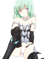 Rule 34 | 10s, 1girl, animal ears, bare shoulders, black gloves, black thighhighs, blue eyes, cat tail, elbow gloves, frame arms girl, gloves, green hair, kurokawa (silve), looking at viewer, materia (frame arms girl), mecha musume, panties, simple background, sitting, smile, solo, tail, thighhighs, underwear, white background, white panties