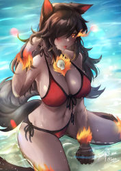 Rule 34 | 1girl, absurdres, animal ears, bare arms, bikini, black hair, blush, body fur, breasts, cleavage, colored skin, dog ears, dog girl, dog tail, fire, grey skin, hair over one eye, hellhound (monster girl encyclopedia), highres, large breasts, long hair, looking at viewer, monster girl, monster girl encyclopedia, navel, red bikini, sitting, skull, solo, swimsuit, tail, tongue, tongue out, wariza, water, zee n3