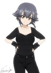 Rule 34 | 10s, 1girl, artist name, black pants, black shirt, braid, breasts, brown eyes, bukkuri, casual, cleavage, closed mouth, commentary request, cowboy shot, dated, denim, dress, girls und panzer, grey hair, hands on own hips, head tilt, high-waist pants, jeans, looking at viewer, medium breasts, medium dress, pants, pepperoni (girls und panzer), shirt, shirt tucked in, short hair, short sleeves, side braid, signature, simple background, smile, solo, split mouth, standing, v-neck, white background, wristband