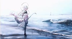 Rule 34 | 1girl, ahoge, beach, black headband, black shirt, blood, blood stain, blunt ends, cable, day, floating hair, from behind, halo, headband, high heels, highres, jacket, jacket partially removed, lighthouse, long sleeves, looking afar, mitoumei, ocean, original, outdoors, pantyhose, ponytail, see-through, see-through skirt, shirt, short hair with long locks, skirt, sky, solo, vest, waves, white hair, white jacket, white sky, white vest, wide sleeves, wind, wind lift