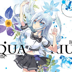 Rule 34 | 1girl, arm up, text background, black sailor collar, black skirt, blue eyes, blue flower, blue hair, collarbone, commentary request, floating hair, flower, hair between eyes, hand up, hibiki (kancolle), highres, kantai collection, long hair, looking away, looking to the side, looking up, navel, parted lips, pleated skirt, sailor collar, school uniform, serafuku, shirt, short sleeves, sidelocks, skirt, solo, verniy (kancolle), very long hair, white shirt, yamaguchi shinnosuke, yellow flower
