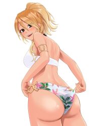 Rule 34 | 1girl, adjusting clothes, adjusting swimsuit, armlet, ass, back, blonde hair, blush, breasts, brown eyes, choker, commentary, hair between eyes, high ponytail, highres, idolmaster, idolmaster shiny colors, izumi mei, large breasts, long hair, looking at viewer, looking back, open mouth, ponytail, smile, swimsuit, tan, tanjunde, white background