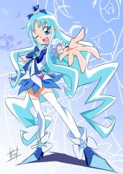 Rule 34 | 1girl, ;d, bad id, bad pixiv id, blue background, blue bow, blue eyes, blue hair, blue skirt, blue theme, bow, brooch, cure marine, hair ornament, hand on own hip, heart, heart brooch, heart hair ornament, heartcatch precure!, highres, jewelry, kurumi erika, long hair, looking at viewer, magical girl, nii manabu, official style, one eye closed, open mouth, outstretched hand, precure, shoes, sidelocks, signature, skirt, smile, solo, standing, thighhighs, white thighhighs, zoom layer