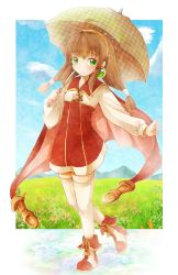 Rule 34 | 1girl, ahoge, boots, brown hair, cape, cloud, day, green eyes, hairband, highres, lilka eleniak, long hair, low-tied long hair, michii yuuki, sky, solo, thighhighs, twintails, umbrella, white thighhighs, wild arms, wild arms 2, yellow hairband
