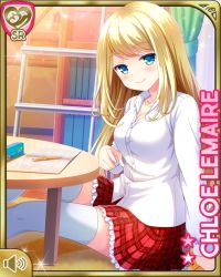 Rule 34 | 1girl, bedroom, blonde hair, blue eyes, breasts, card, character name, chloe lemaire, closed mouth, girlfriend (kari), long hair, medium breasts, official art, plaid, plaid skirt, qp:flapper, red skirt, shirt, sitting, skirt, smile, solo, table, tagme, thighhighs, white shirt