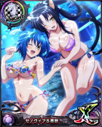 Rule 34 | 2girls, animal ear fluff, animal ears, bikini, black hair, blue hair, breasts, card (medium), cat ears, cat girl, cat tail, chess piece, cleavage, female focus, fish, floral print, green hair, high school dxd, knight (chess), kuroka (high school dxd), large breasts, looking at viewer, midriff, multicolored hair, multiple girls, multiple tails, navel, official art, one eye closed, open mouth, print bikini, side-tie bikini bottom, slit pupils, smile, stomach, strapless, strapless bikini, streaked hair, swimsuit, tail, torn clothes, two-tone hair, underboob, wink, xenovia quarta, yellow eyes