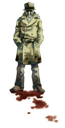 Rule 34 | 1boy, blood, buttons, coat, dc comics, double-breasted, expressionless, fedora, hands in pockets, hat, looking at viewer, male focus, mask, mgk968, pants, pinstripe pattern, rorschach, shoes, solo, splatter, standing, striped, trench coat, watchmen