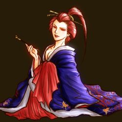 Rule 34 | 1girl, black background, breasts, female focus, gender request, genderswap, japanese clothes, kibagami genjuro, kimono, midnight bliss, red hair, samurai spirits, sitting, smile, snk, solo