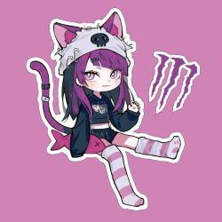 Rule 34 | 1girl, animal ears, asymmetrical bangs, beanie, black hoodie, black nails, bright pupils, cat ears, cat girl, cat tail, chibi, chinese commentary, claw pose, closed mouth, drawstring, ears through headwear, extra ears, fake animal ears, fang, fang out, grey hat, hair ornament, hairclip, hat, hood, hoodie, idolmaster, idolmaster shiny colors, invisible chair, kkuang, kneehighs, long hair, looking up, midriff, monster energy, nail polish, navel, outline, outstretched leg, paw print soles, purple background, purple eyes, purple hair, purple socks, purple theme, safety pin, simple background, sitting, skull print, sleeves past wrists, socks, solo, striped clothes, striped socks, stuffed animal, stuffed fish, stuffed toy, tail, tail ornament, tail raised, tail ring, tanaka mamimi, torn clothes, torn hat, white pupils
