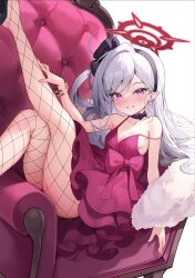 Rule 34 | 1girl, blue archive, dress, hairband, long hair, looking at viewer, mutsuki (blue archive), pinki o64, purple eyes, sitting, solo, thighs, white hair
