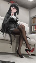 Rule 34 | 1girl, absurdres, black footwear, black hair, black jacket, black pantyhose, black skirt, blue archive, book, bookshelf, breasts, commentary request, couch, crossed legs, dutch angle, formal, full body, hair behind ear, halo, hand on own knee, hand up, high heels, highres, id card, index finger raised, indoors, jacket, large breasts, legs, long hair, long sleeves, looking at viewer, miniskirt, office lady, on couch, pantyhose, parted lips, patent heels, pocket, pumps, red eyes, red soles, rio (blue archive), shirt, shoe dangle, shoe soles, shoes, sitting, skirt, solo, stiletto heels, suit, thighs, tile floor, tiles, turtleneck, very long hair, white shirt, yato (yama0x1)