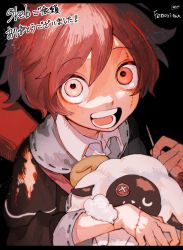 Rule 34 | 1boy, black background, button eyes, buttons, collared shirt, commission, heterochromia, highres, holding, holding needle, holding stuffed toy, holding toy, long sleeves, looking at viewer, male focus, needle, open mouth, original, pink eyes, red eyes, red hair, scar, scar across eye, scar on hand, scar on neck, shinagire (sinanohaka), shirt, short hair, signature, skeb commission, smile, solo, stitches, stuffed animal, stuffed sheep, stuffed toy, stuffing, toy, upper body