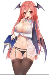 Rule 34 | 1girl, black thighhighs, book, breast hold, breasts, cherry, cleavage, food, fruit, garter belt, head wings, holding, holding book, jpeg artifacts, koakuma, large breasts, long hair, looking at viewer, natsuki (ukiwakudasai), no bra, no pants, red eyes, red hair, shirt, simple background, smile, solo, thigh gap, thighhighs, touhou, very long hair, wet, white background, white shirt, wing collar, wings