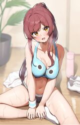 Rule 34 | 1girl, absurdres, black pants, blue bra, blush, bottle, bra, breasts, brown hair, cleavage, collarbone, head tilt, highres, idolmaster, idolmaster shiny colors, large breasts, long hair, looking at viewer, on floor, open mouth, osaki tenka, pants, plant, ponytail, potted plant, shoes, shorts, sidelocks, sitting, smile, sneakers, solo, sports bra, sweat, sweatband, underwear, wanimaru, water bottle, yellow eyes