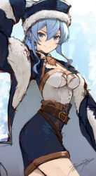 Rule 34 | 1girl, arm up, blue coat, blue eyes, blue hair, blue hat, blue shirt, blue skirt, bodice, breasts, closed mouth, coat, cowboy shot, dated, fur-trimmed coat, fur trim, gloves, granblue fantasy, hair between eyes, hand on headwear, hat, highres, long hair, looking at viewer, miniskirt, pencil skirt, punished pigeon, shirt, signature, skirt, small breasts, smile, solo, therese (granblue fantasy), v-shaped eyebrows, white gloves