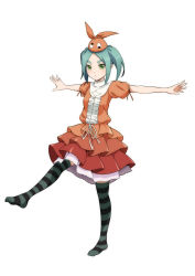 Rule 34 | 1girl, absurdres, aqua hair, black thighhighs, closed mouth, commentary request, dress, expressionless, full body, googly eyes, green eyes, green thighhighs, highres, layered dress, looking at viewer, monogatari (series), multicolored clothes, nishizuki shino, no shoes, ononoki yotsugi, orange dress, orange headwear, outstretched arms, puffy short sleeves, puffy sleeves, short hair, short sleeves, simple background, solo, spread arms, standing, standing on one leg, striped clothes, striped thighhighs, thick eyebrows, thighhighs, two-tone legwear, white background