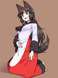 Rule 34 | 1girl, animal ears, barefoot, black hair, brooch, brown background, dress, fang, highres, imaizumi kagerou, jewelry, kakone, long hair, long sleeves, multicolored clothes, multicolored dress, nail polish, open mouth, red dress, red eyes, red nails, seiza, simple background, sitting, smile, solo, tail, touhou, two-tone dress, white dress, wide sleeves, wolf ears, wolf tail