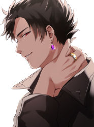 Rule 34 | 1boy, belial (granblue fantasy), black hair, black jacket, earrings, from side, granblue fantasy, hand on own neck, highres, jacket, jewelry, looking at viewer, male focus, mms gh10, red eyes, ring, shirt, short hair, simple background, smile, upper body, white shirt