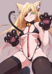 Rule 34 | 1girl, absurdres, alternate costume, animal ear fluff, animal ears, animal hands, bell, bikini, black bikini, black thighhighs, blonde hair, blush, breasts, breasts apart, cat ears, cat paws, cat tail, closed mouth, collar, commentary request, covered erect nipples, eyepatch, fake animal ears, fake tail, fang, fang out, female focus, fur collar, gloves, gluteal fold, green eyes, hair over one eye, highleg, highleg bikini, highres, irokohaku, kneeling, leash, long hair, looking at viewer, medium breasts, micro bikini, naughty face, navel, neck bell, othinus, paw gloves, pet play, skin fang, smile, solo, stomach, swimsuit, tail, tail ornament, thighhighs, toaru majutsu no index, toaru majutsu no index: new testament, very long hair
