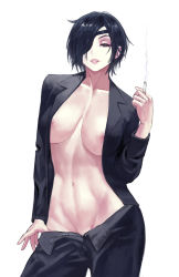 Rule 34 | 1girl, black eyes, black hair, black jacket, black pants, black suit, breasts, business suit, chainsaw man, cigarette, closed mouth, clothes pull, commentary, contrapposto, cowboy shot, english commentary, eyelashes, eyepatch, formal, groin, hair over one eye, half-closed eyes, highres, himeno (chainsaw man), holding, holding cigarette, jacket, large breasts, lips, looking at viewer, navel, nipples, no bra, no panties, one eye covered, open clothes, open fly, open jacket, pants, pants pull, parted bangs, short hair, simple background, smile, smoke, solo, stomach, suit, unzipped, white background, zefrableu