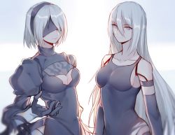 Rule 34 | 2girls, android, bare shoulders, black dress, black gloves, black hairband, blindfold, blue eyes, breasts, cleavage cutout, clothing cutout, dress, gloves, hairband, highres, long hair, long sleeves, mole, mole under mouth, multiple girls, nier (series), nier:automata, short hair, silver hair, smile, tank top, 2b (nier:automata), a2 (nier:automata), yorukun