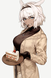 Rule 34 | 1girl, alternate costume, animal ears, black gloves, black sweater, blue eyes, breasts, brown jacket, caenis (fate), cake, cake slice, commentary request, dark-skinned female, dark skin, fate/grand order, fate (series), food, fork, gloves, grey background, grin, hair intakes, highres, holding, holding plate, jacket, jewelry, large breasts, long sleeves, looking at viewer, necklace, open clothes, open jacket, plate, short hair, simple background, smile, solo, sumi (gfgf 045), sweater, turtleneck, turtleneck sweater, utensil in mouth, white hair