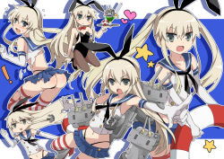 Rule 34 | !, 10s, 1girl, alternate costume, alternate hairstyle, anchor, animal ears, black panties, blonde hair, breasts, clone, cocktail, elbow gloves, fake animal ears, flat chest, gloves, hair ornament, hairband, heart, innertube, kantai collection, leotard, long hair, looking at viewer, panties, pantyhose, playboy bunny, rabbit ears, rensouhou-chan, shimakaze (kancolle), star (symbol), striped clothes, striped thighhighs, swim ring, tamaoka kagari, thighhighs, torn clothes, twintails, underwear