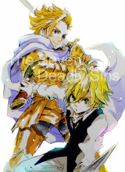 Rule 34 | 10s, 2boys, armor, armored boots, arthur pendragon (nanatsu no taizai), ayaco cc, blonde hair, blue eyes, boots, breastplate, close-up, collared shirt, copyright name, english text, full armor, gauntlets, green eyes, highres, holding, holding sword, holding weapon, long sleeves, looking at viewer, meliodas, multiple boys, nanatsu no taizai, scabbard, serious, sheath, shirt, short hair, shoulder pads, simple background, spiked hair, sword, two-handed, vest, weapon, white background, white shirt