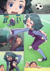 Rule 34 | 1girl, ass, ball, blue eyes, blush, breasts, butt crack, clothes pull, covered erect nipples, cum, cum in pussy, embarrassed, gloves, goalkeeper, green hair, hiding, highres, inazuma eleven (series), legs, medium breasts, medium hair, multiple views, muramura hito, nipples, open mouth, outdoors, sequential, shoes, shorts, shorts pull, soccer ball, soccer field, soccer uniform, sportswear, standing, sweat, thighs, thumbs up, top-down bottom-up, trembling, umihara norika, x-ray