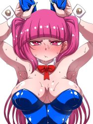 Rule 34 | 1girl, alternate breast size, arms up, bare shoulders, bleach, blue leotard, blush, breasts, cheek bulge, detached collar, dokugamine riruka, embarrassed, fingernails, hanya (hanya yashiki), highres, large breasts, leotard, lips, long hair, looking at viewer, nipples, pink eyes, pink hair, playboy bunny, rabbit ears, rabbit pose, shiny clothes, shiny skin, simple background, solo, sweat, sweatdrop, teeth, tsundere, twintails, upper body, very long hair, white background