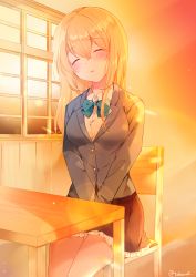 Rule 34 | 1girl, blazer, blonde hair, blue bow, blush, bow, breasts, brown skirt, chair, classroom, closed eyes, collared shirt, commentary request, dress shirt, facing viewer, frilled skirt, frills, fukunoki tokuwa, grey jacket, hair between eyes, hands on lap, head tilt, highres, indoors, jacket, long hair, long sleeves, medium breasts, original, parted lips, pleated skirt, school chair, shirt, sitting, skirt, sleeping, solo, sunset, table, twitter username, white shirt, window